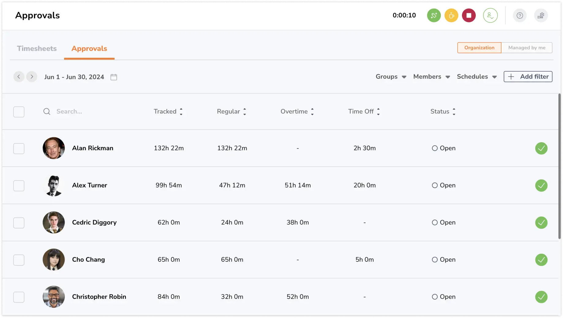 Viewing timesheet approvals for members in the organization